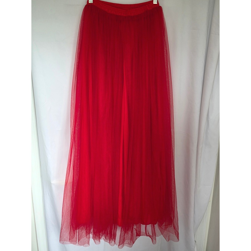 Red Tulle Maxi Skirt Elastic Waist Full Length Lined Party Statement Size S/M?